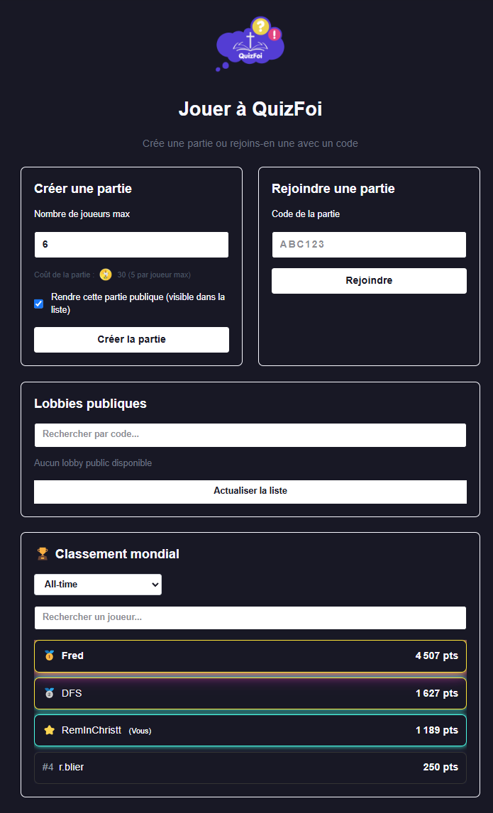 Page principale de QuizFoi